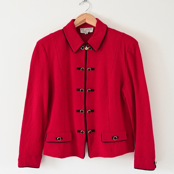1990s St. John Collection by Marie Gray Bright Red Zip Front Cardigan Jacket 14 - Picture 1 of 14